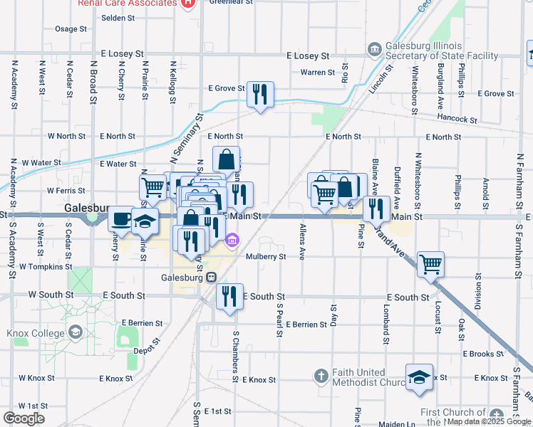 map of restaurants, bars, coffee shops, grocery stores, and more near 642 E Main St in Galesburg