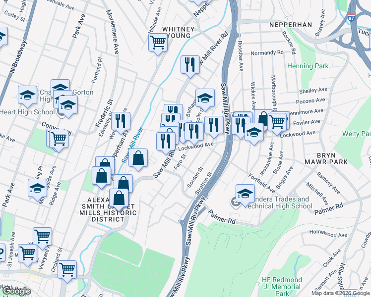 map of restaurants, bars, coffee shops, grocery stores, and more near Lockwood Avenue & Burhans Avenue in Yonkers