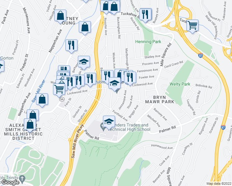 map of restaurants, bars, coffee shops, grocery stores, and more near 118 Lockwood Avenue in Yonkers