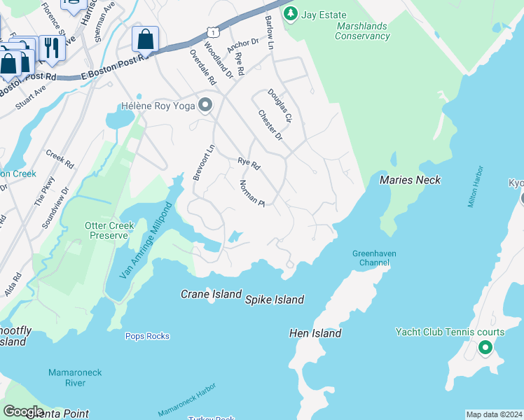 map of restaurants, bars, coffee shops, grocery stores, and more near 79 Brevoort Lane in Rye