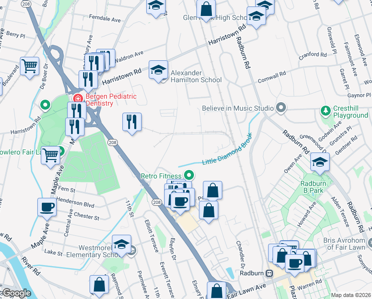map of restaurants, bars, coffee shops, grocery stores, and more near 17-02 Nevins Road in Fair Lawn