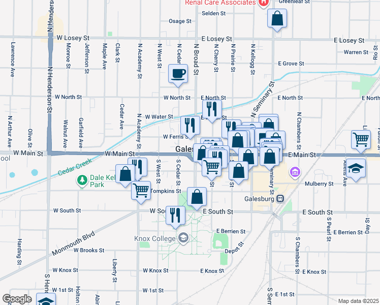 map of restaurants, bars, coffee shops, grocery stores, and more near Public Square in Galesburg