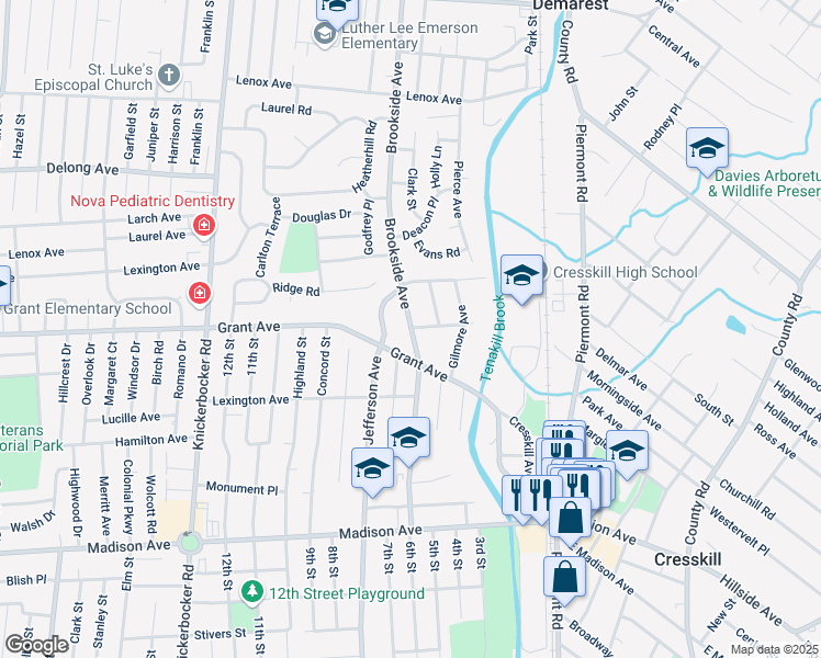 map of restaurants, bars, coffee shops, grocery stores, and more near Brookside Avenue in Cresskill