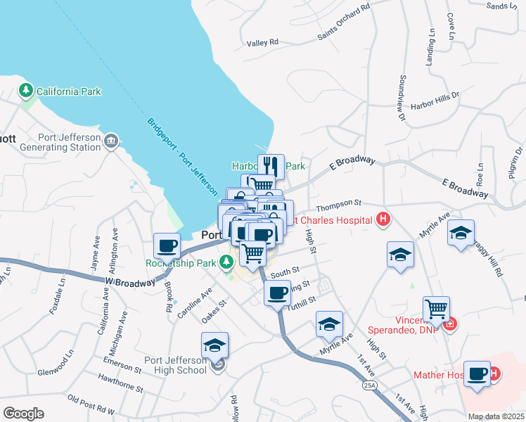 map of restaurants, bars, coffee shops, grocery stores, and more near 100 Mariners Way in Port Jefferson