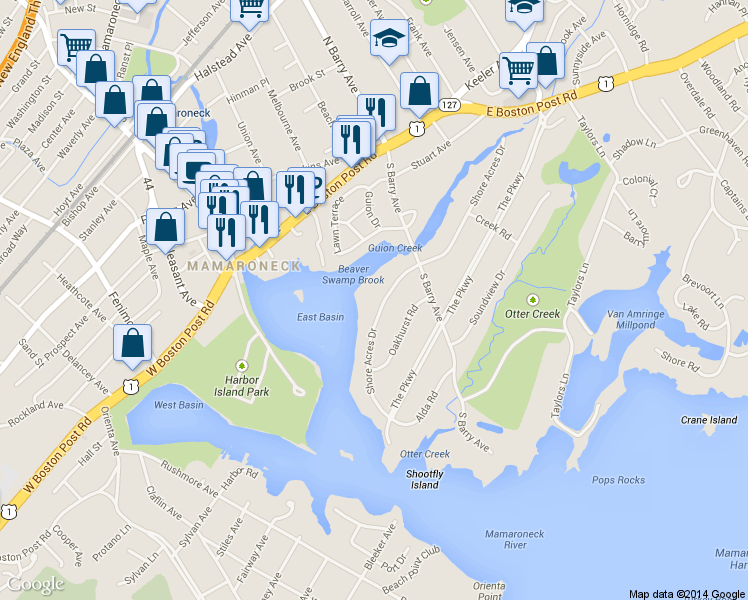 map of restaurants, bars, coffee shops, grocery stores, and more near 617 Shore Acres Drive in Mamaroneck