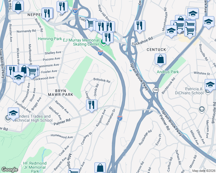 map of restaurants, bars, coffee shops, grocery stores, and more near 12 Cherwing Road in Yonkers
