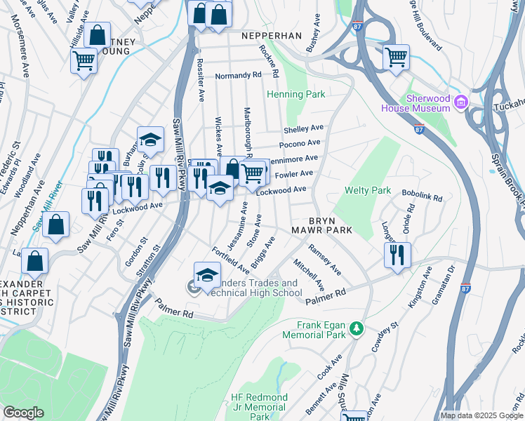 map of restaurants, bars, coffee shops, grocery stores, and more near in Yonkers