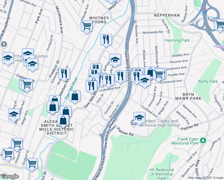 map of restaurants, bars, coffee shops, grocery stores, and more near 41 Clarendon Avenue in Yonkers