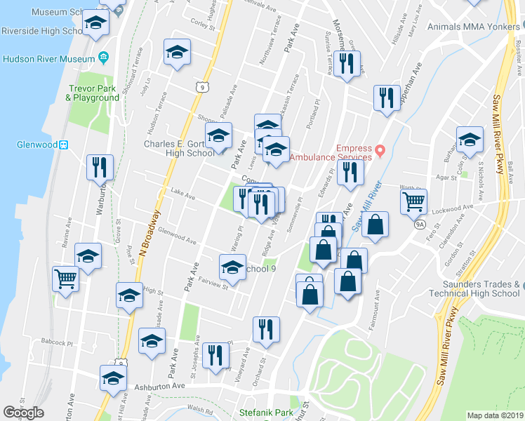 map of restaurants, bars, coffee shops, grocery stores, and more near 124 Lake Avenue in Yonkers
