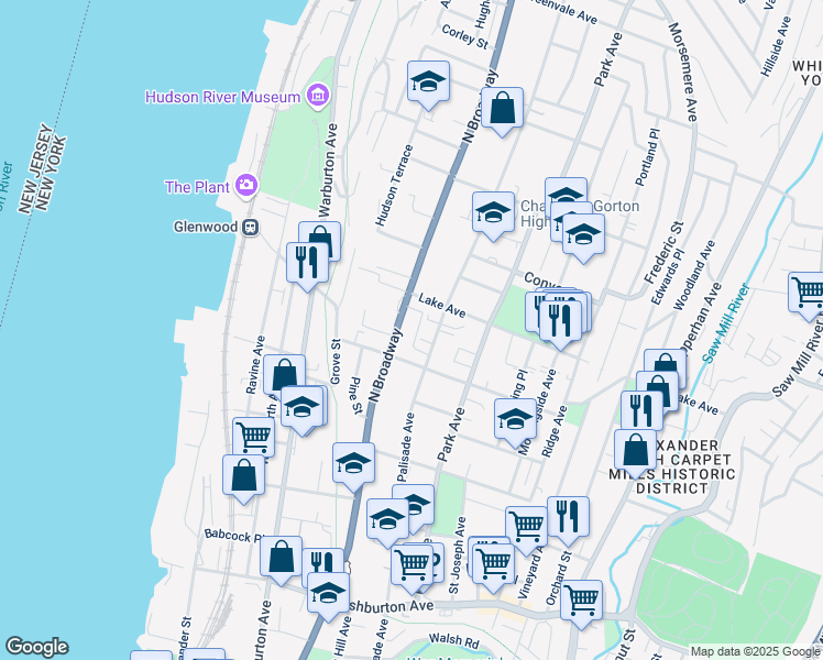 map of restaurants, bars, coffee shops, grocery stores, and more near in Yonkers
