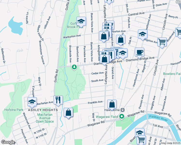map of restaurants, bars, coffee shops, grocery stores, and more near 186 May Street in Hawthorne