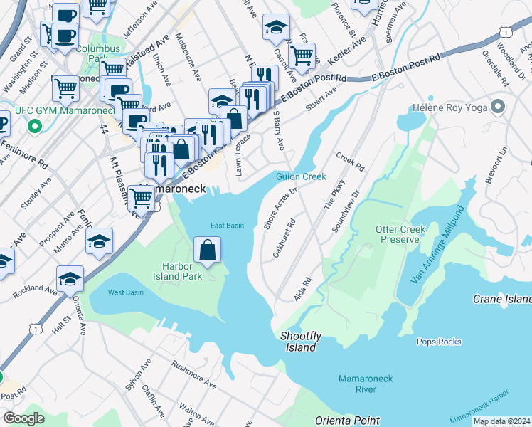 map of restaurants, bars, coffee shops, grocery stores, and more near 617 Shore Acres Drive in Mamaroneck
