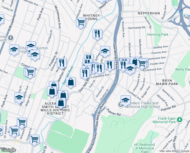map of restaurants, bars, coffee shops, grocery stores, and more near 2 Burhans Avenue in Yonkers