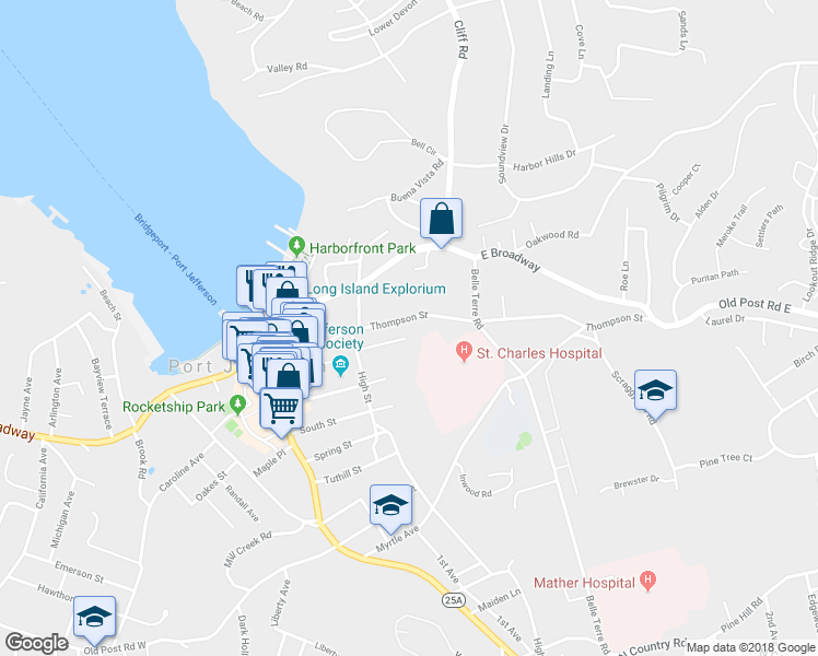 map of restaurants, bars, coffee shops, grocery stores, and more near 119 Campbell Street in Port Jefferson