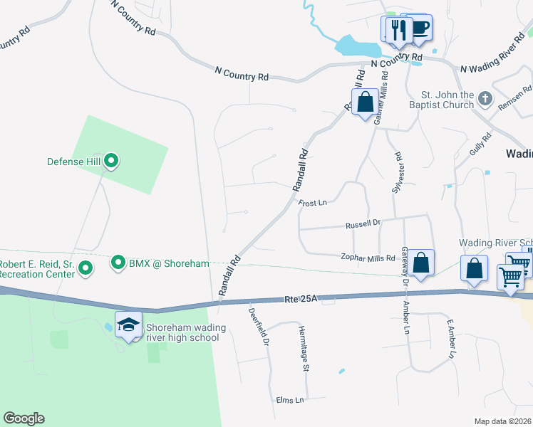 map of restaurants, bars, coffee shops, grocery stores, and more near 62 Randall Road in Wading River