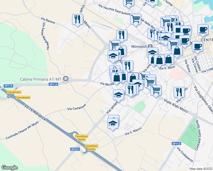 map of restaurants, bars, coffee shops, grocery stores, and more near 17 Via Francesco Antonio Glianes in Monopoli