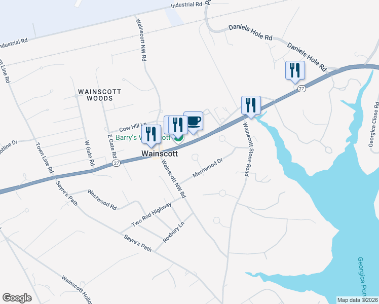 map of restaurants, bars, coffee shops, grocery stores, and more near 15 Oakwood Court in Wainscott