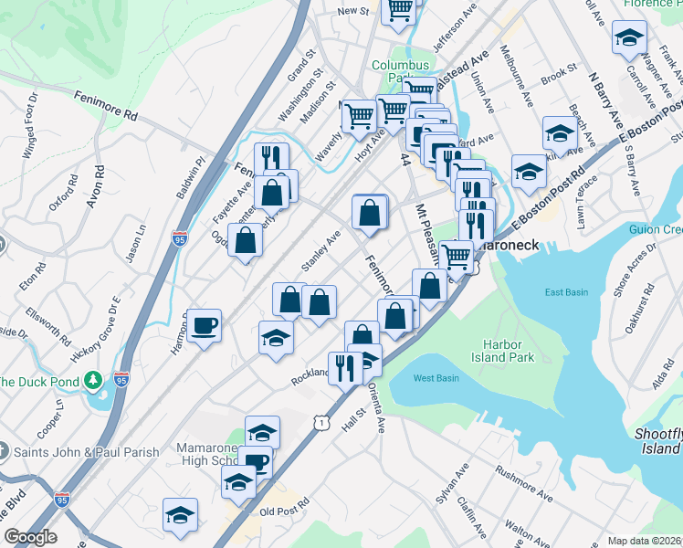 map of restaurants, bars, coffee shops, grocery stores, and more near 521 Prospect Avenue in Mamaroneck