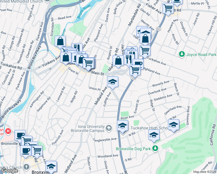 map of restaurants, bars, coffee shops, grocery stores, and more near 43 Fulling Avenue in Tuckahoe