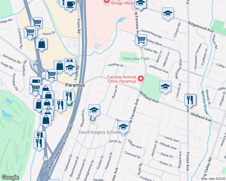 map of restaurants, bars, coffee shops, grocery stores, and more near 392 Chelsea Street in Paramus