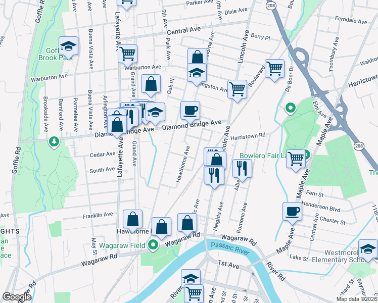 map of restaurants, bars, coffee shops, grocery stores, and more near 50 Wagner Place in Hawthorne
