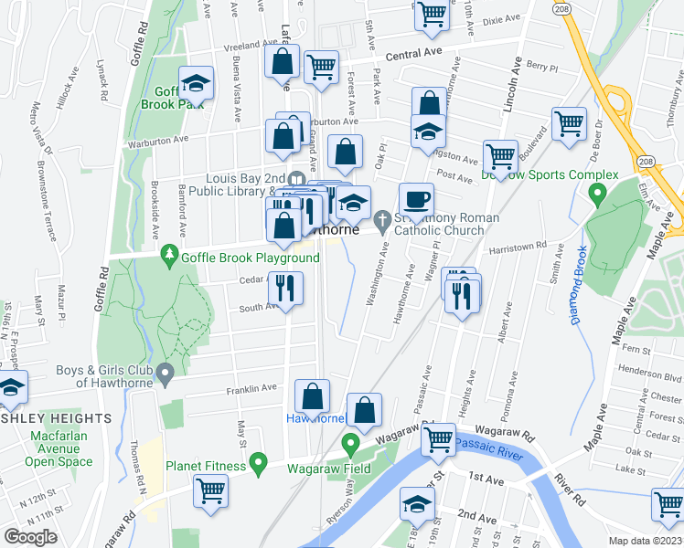 map of restaurants, bars, coffee shops, grocery stores, and more near 124 Washington Avenue in Hawthorne