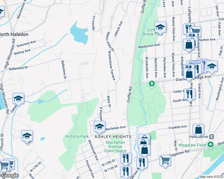 map of restaurants, bars, coffee shops, grocery stores, and more near 95 Mazur Place in Hawthorne