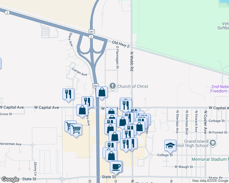 map of restaurants, bars, coffee shops, grocery stores, and more near 2600 O Flannagan Street in Grand Island