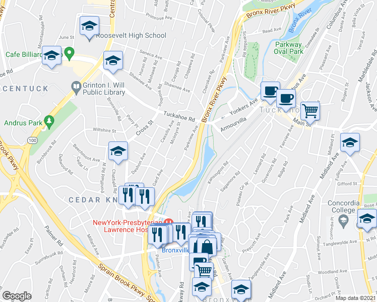 map of restaurants, bars, coffee shops, grocery stores, and more near 204 Parkview Avenue in Bronxville
