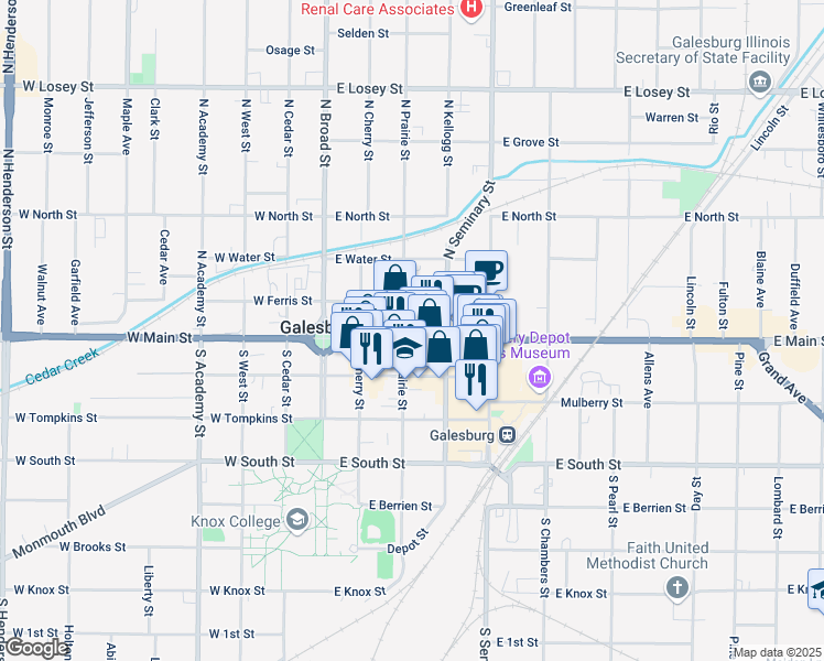 map of restaurants, bars, coffee shops, grocery stores, and more near in Galesburg