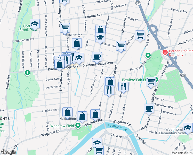 map of restaurants, bars, coffee shops, grocery stores, and more near 50 Wagner Place in Hawthorne