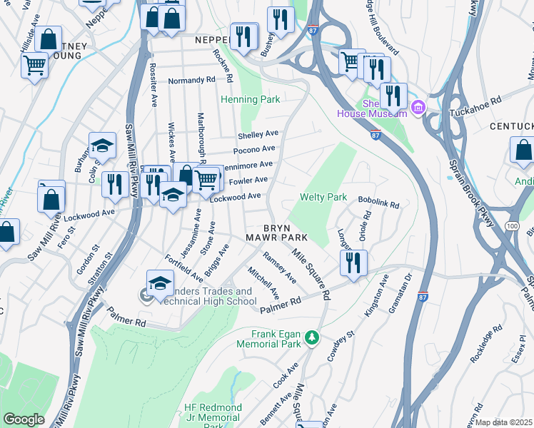 map of restaurants, bars, coffee shops, grocery stores, and more near 28 Armstrong Avenue in Yonkers