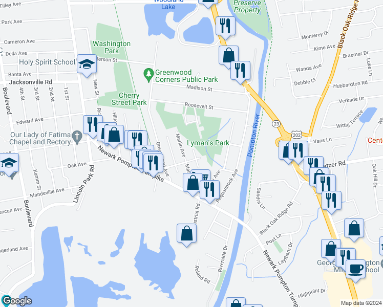 map of restaurants, bars, coffee shops, grocery stores, and more near 19 Lyman Avenue in Pequannock