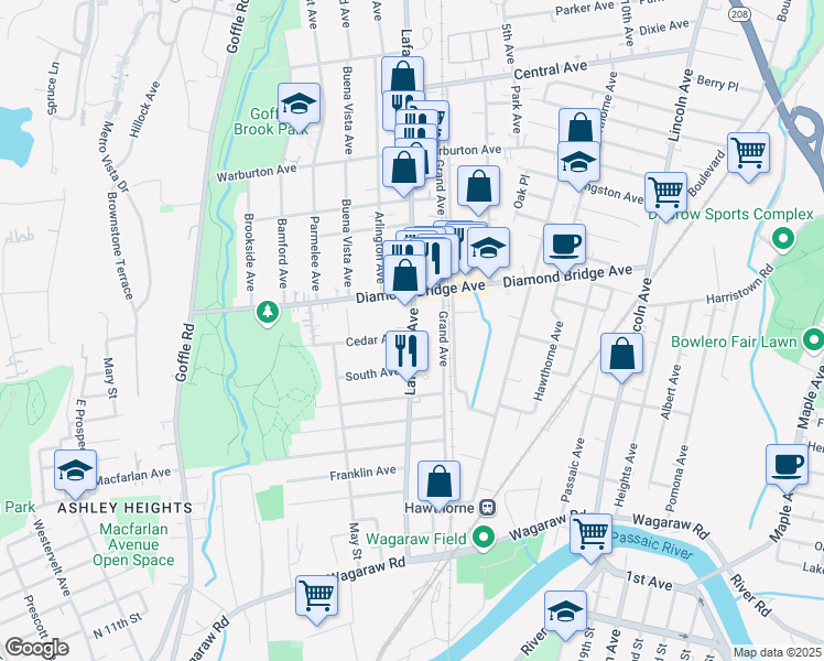 map of restaurants, bars, coffee shops, grocery stores, and more near 282 Lafayette Avenue Extension in Hawthorne