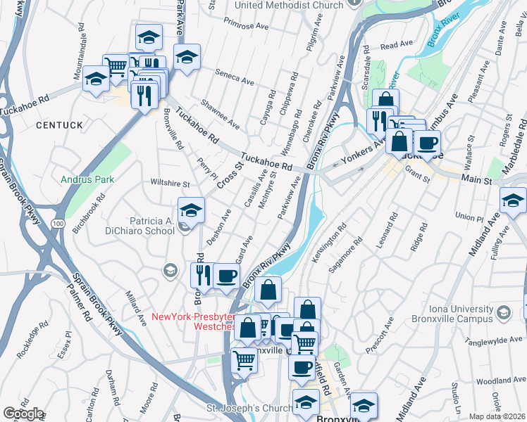 map of restaurants, bars, coffee shops, grocery stores, and more near 94 Cassilis Avenue in Yonkers