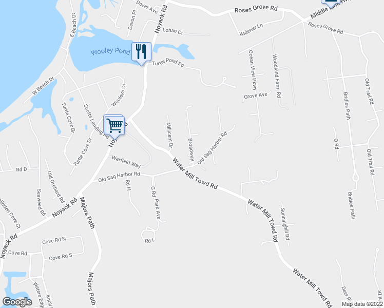 map of restaurants, bars, coffee shops, grocery stores, and more near 23 Broadway in Southampton