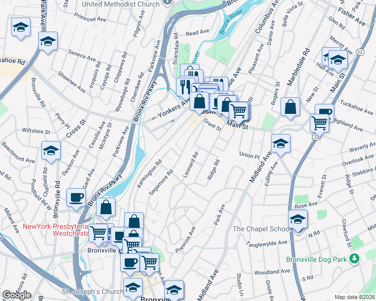 map of restaurants, bars, coffee shops, grocery stores, and more near 6 Oak Avenue in Tuckahoe