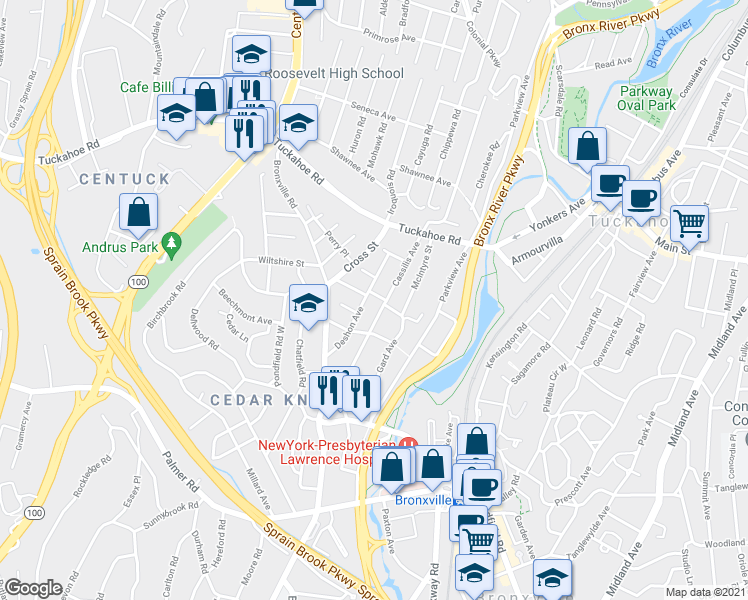 map of restaurants, bars, coffee shops, grocery stores, and more near 9 Perry Place in Bronxville
