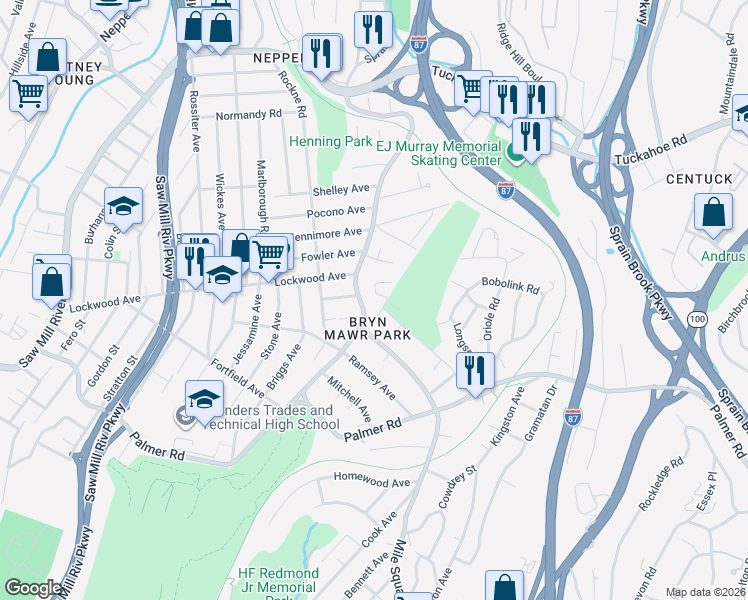 map of restaurants, bars, coffee shops, grocery stores, and more near 31 Victoria Lane in Yonkers