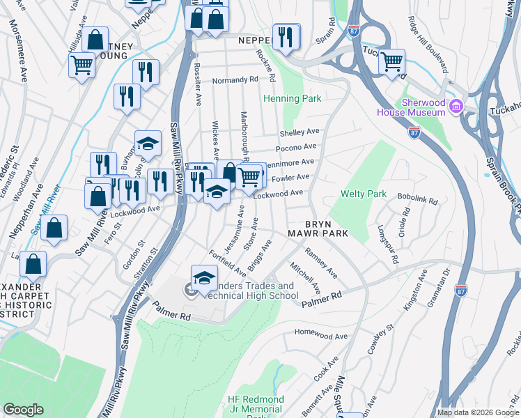 map of restaurants, bars, coffee shops, grocery stores, and more near 157 Lockwood Avenue in Yonkers