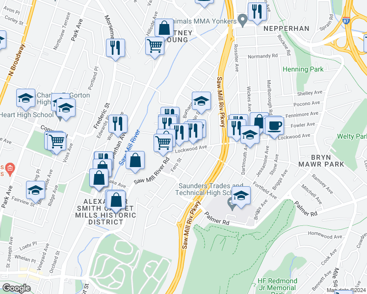 map of restaurants, bars, coffee shops, grocery stores, and more near 23 Colin Street in Yonkers