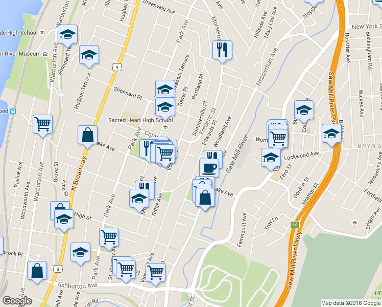 map of restaurants, bars, coffee shops, grocery stores, and more near 256 Sommerville Place in Yonkers