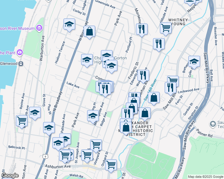 map of restaurants, bars, coffee shops, grocery stores, and more near 169 Voss Avenue in Yonkers