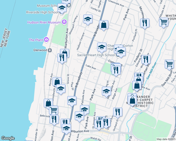 map of restaurants, bars, coffee shops, grocery stores, and more near 21 Lake Avenue in Yonkers