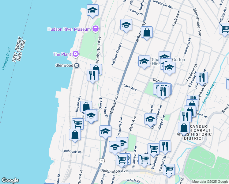 map of restaurants, bars, coffee shops, grocery stores, and more near 377 North Broadway in Yonkers