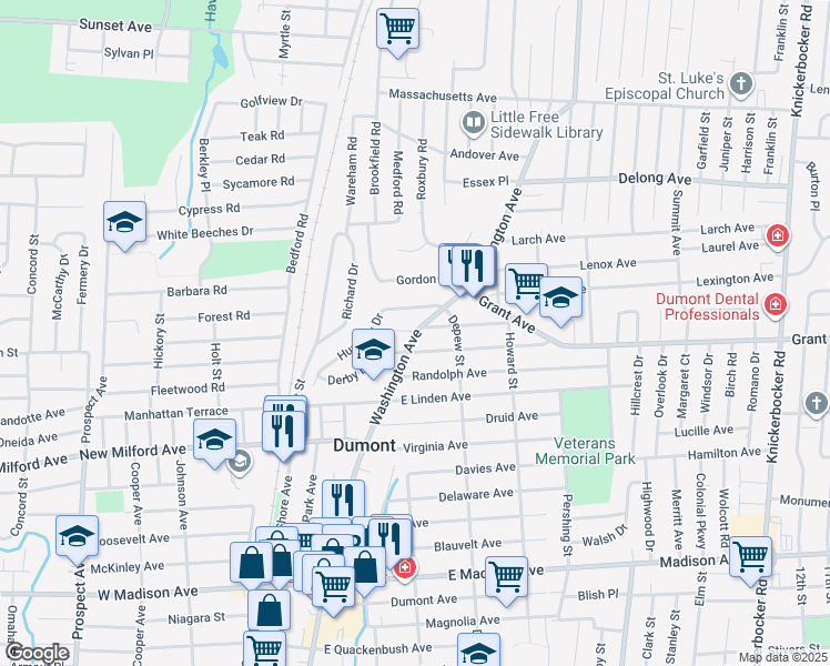 map of restaurants, bars, coffee shops, grocery stores, and more near 19 Huntting Drive in Dumont