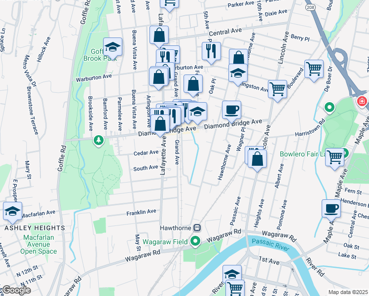 map of restaurants, bars, coffee shops, grocery stores, and more near in Hawthorne
