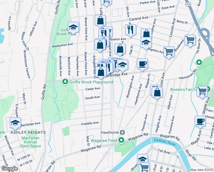 map of restaurants, bars, coffee shops, grocery stores, and more near 67 Royal Avenue in Hawthorne