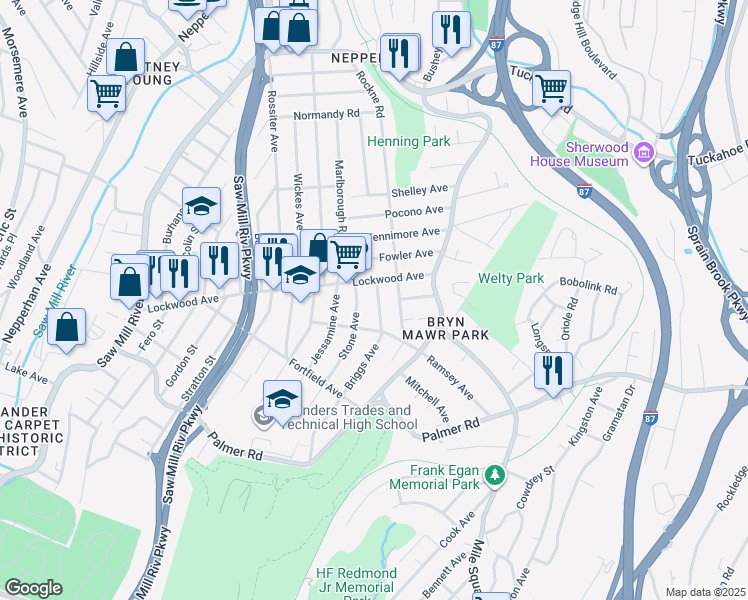 map of restaurants, bars, coffee shops, grocery stores, and more near 193 Lockwood Avenue in Yonkers