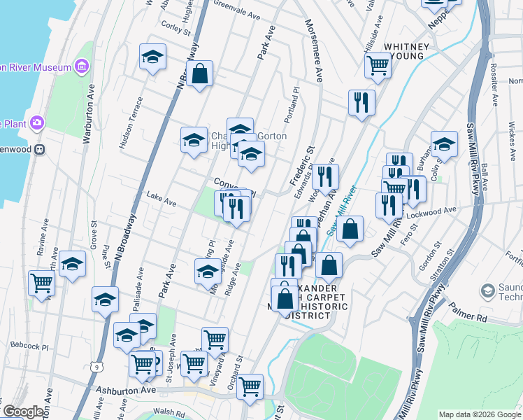 map of restaurants, bars, coffee shops, grocery stores, and more near 169 Voss Avenue in Yonkers